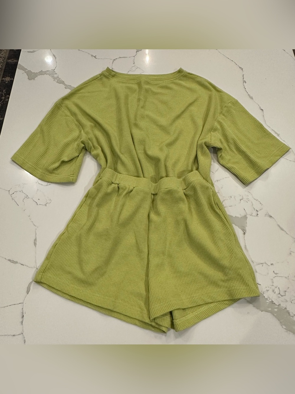 Women Waffle Knit Shorts & Top Casual Cozy Summer Set M Lime Green Beach Stretch